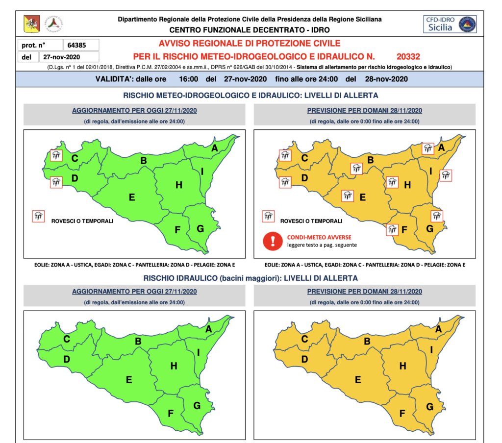 Domani 28 novembre allerta meteo arancione su tutta la Sicilia