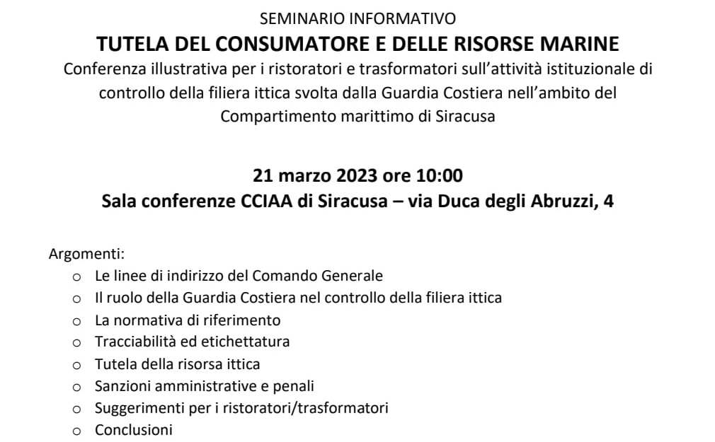 Siracusa- Consulta delle associazioni di categoria – Seminario sulla tutela del consumatore e delle risorse marine
