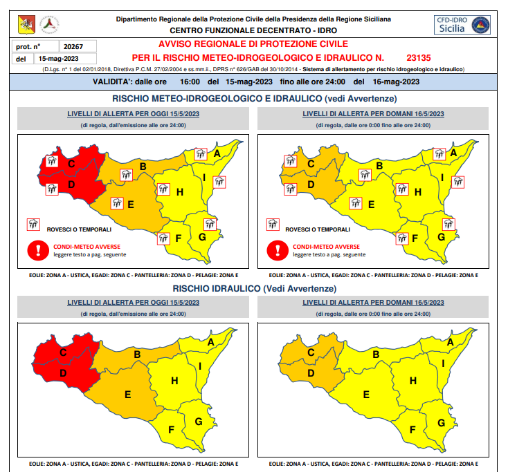 Meteo Sicilia – per la giornata di domani allerta arancione nella zona occidentale dell’isola