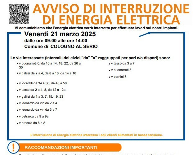Cologno al Serio, avviso importante: interruzione energia elettrica