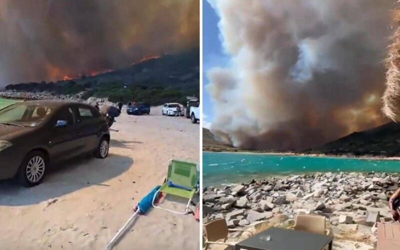 Sardegna – inferno di fuoco a Villasimius e Cala Pira,  bagnanti in fuga.